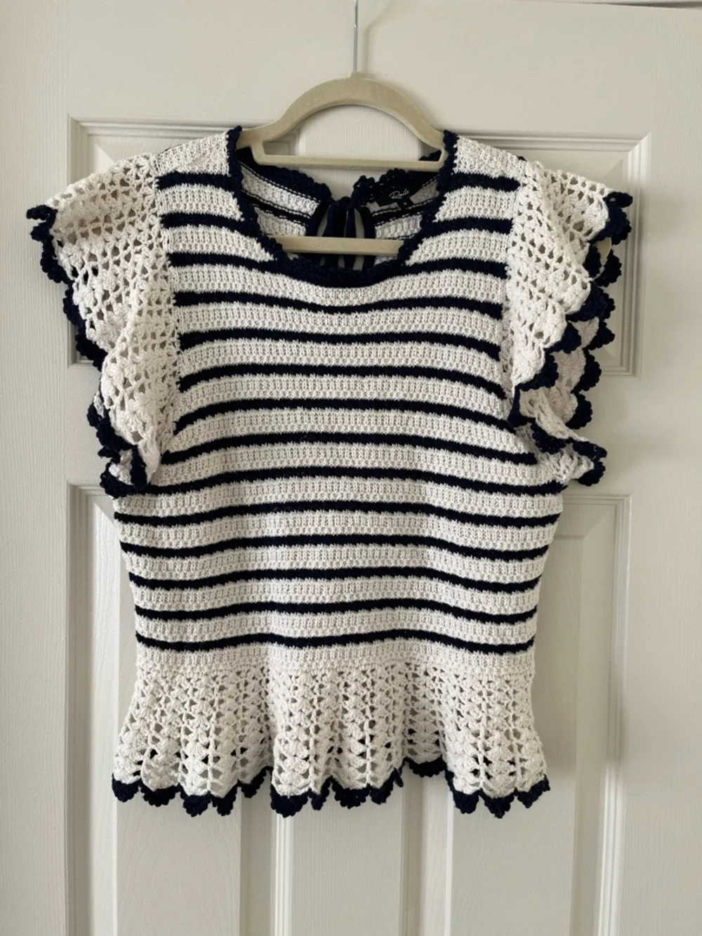 Rails Coen Striped Crochet Ruffle Sleeve Top in Anadia Stripe, Small, Navy Ivory - Picture 2 of 9